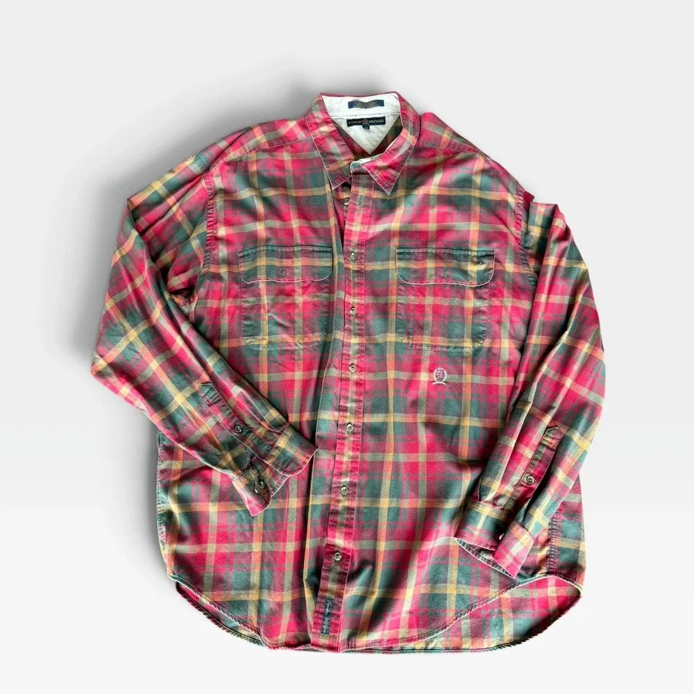 Tommy Hilfiger Mens Vintage XXL Red Green Plaid Long Sleeve Button Down Shirt